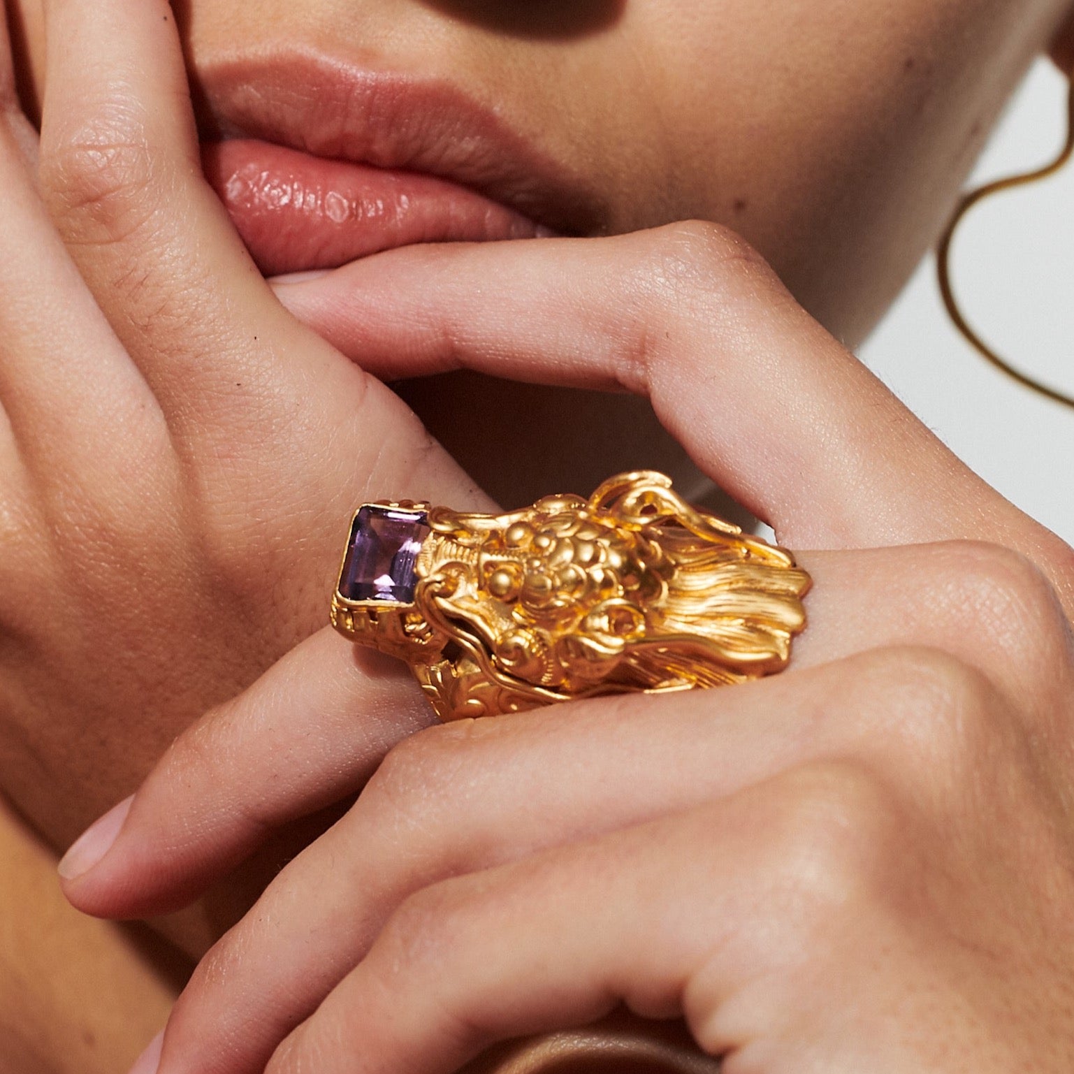 Ring Gold Massiv Drache Lila Stein Massiv Groß Chunky Chaingang