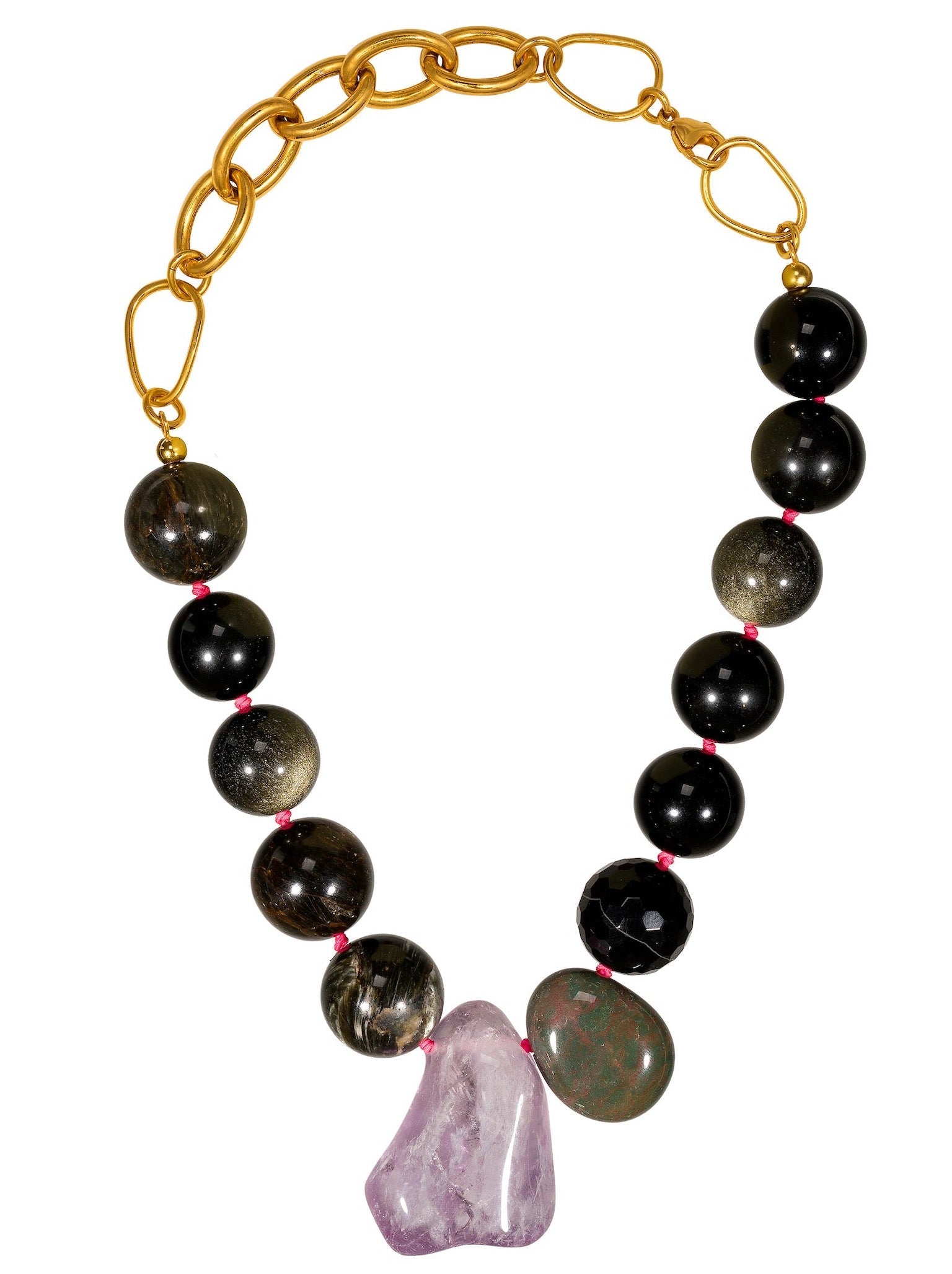 Halskette Gold Schwarz Lila Edelsteine Chaingang