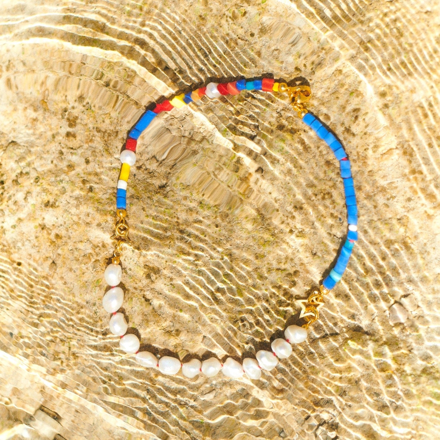 Halskette Perlen Blau Rot Bunt Gold Chaingang