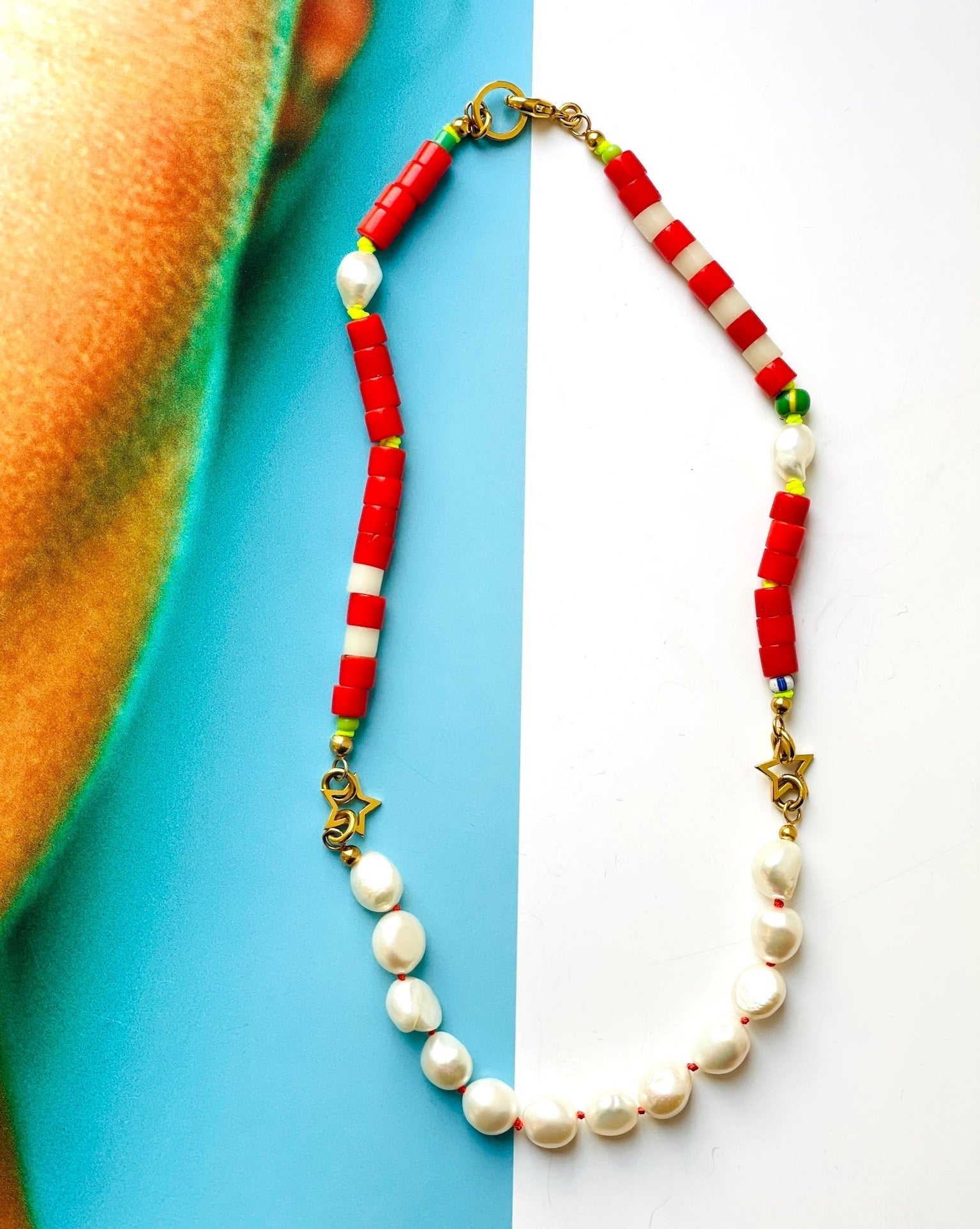 Halskette earth love red  Rot Perlen Gold Chaingang