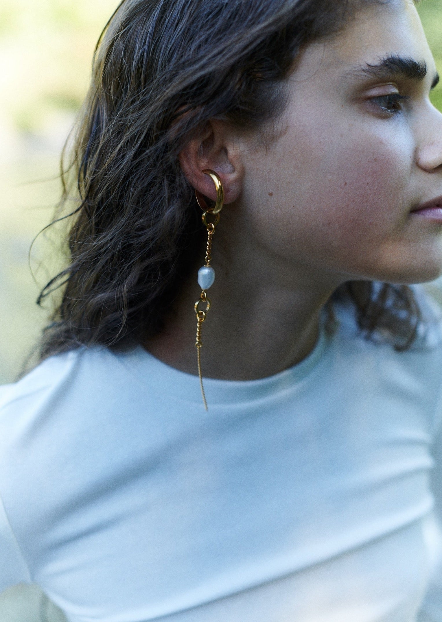 mono Ear cuff Gold Süsswasserperle lang Kette Chaingang