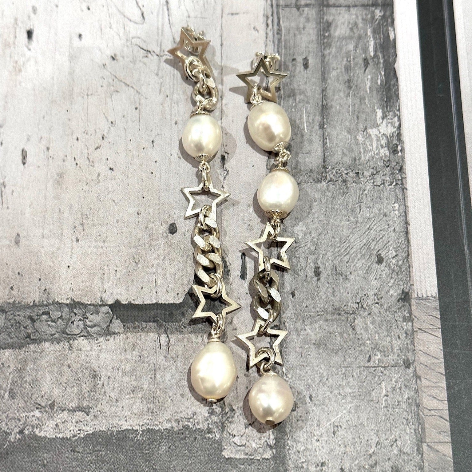Ohrringe Silber Pnazerkette Sterne Perlen Chaingang